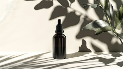 Elegant black dropper bottle bathed in soft shadows from leafy plants, showcasing modern beauty and simplicity with a hint of nature's touch. Image by Generated AI
