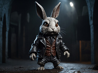 a rabbit bandit in a leather jacket in a dingy basement. - obrazy, fototapety, plakaty