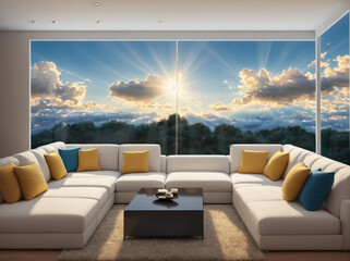 A living room with a large window that looks out onto a beautiful sunset.