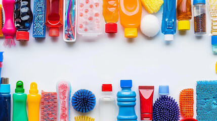 A row of colorful bottles and containers, including a bottle of shampoo - obrazy, fototapety, plakaty