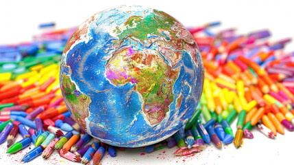 A colorful globe sits on a table with a pile of rainbow colored pencils