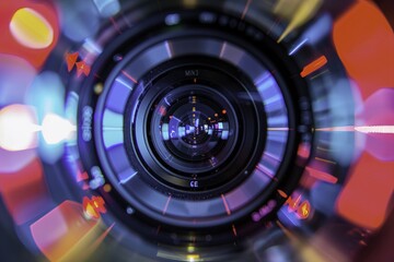 Closeup of Camera Lens: Red and Blue Lights, Intricate Detail and Professional Film Equipment