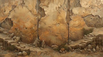 A painting of a rocky cliff with a staircase leading up to it