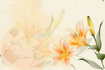 Obraz na płótnie Canvas Beautiful blooming lily flower minimalist fantasy background, A bouquet of lilies in a vase in daylight, fresh light pink yellow white color lily flower poster nature background,