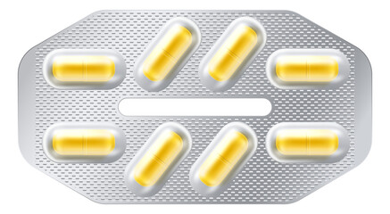 Yellow capsules in realistic blister. Medical pills mockup