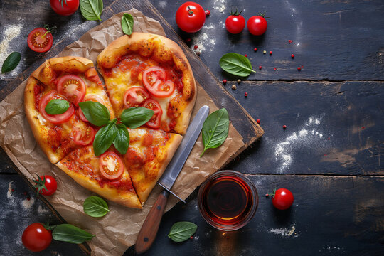 Professional shot of a heart-shaped pizza with tomatos and basil