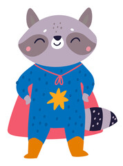 Cute raccoon superhero character. Funny animal in red cape © VectorBum