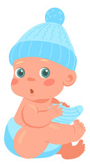 Cute baby in blue warm hat. Funny toddler