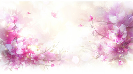 A white background with pink flowers and butterflies