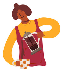 Woman pouring hot coffee from pot in ceramic cup