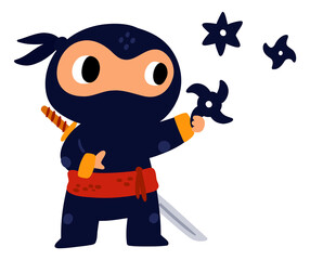 Cute baby ninja throwing shuricans. Funny mascot © VectorBum