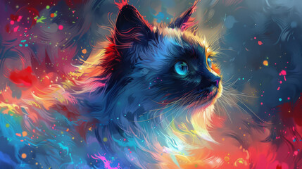 A cat with blue eyes is painted in a colorful background