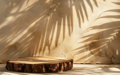 Minimalist wooden stump podium with palm leaf shadow and beige background for product display.