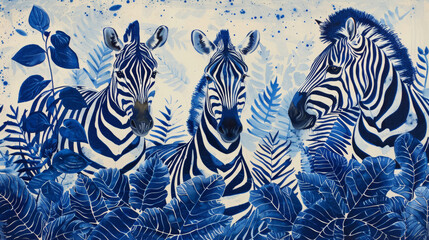 Three zebras are standing in a field of green leaves