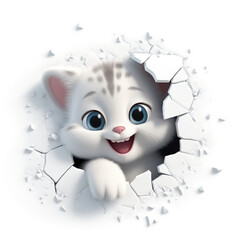 little cute happy kitten, peeking from a frozen snow hole of a wall сreated with Generative Ai
