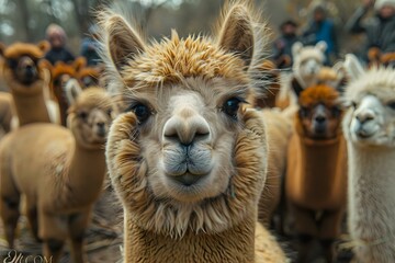 Obraz premium Cheerful Alpaca Ensemble Gathers on a Farm, Captivating Portrait with Ample Space. Concept Alpacas, Farm Animals, Outdoor Photoshoot, Portrait Photography, Nature Background