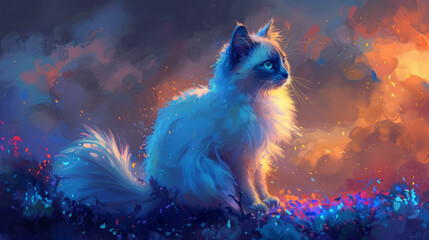 A cat with blue fur is sitting on a field of flowers - obrazy, fototapety, plakaty