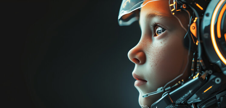 Portrait of a cyborg robot child with technical elements and sensors on his face and head. Concept for the development of a technological new generation of children, banner with copyspace