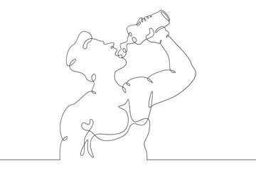 A young man drinks water from a glass. Satisfy your thirst after exercise.One continuous line drawing. Line Art isolated white background.