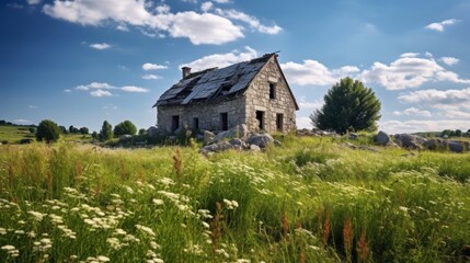 Abandoned stone farmhouse in meadow