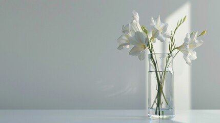 white freesia in vase on background with copy spac