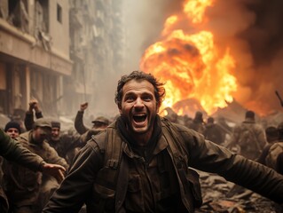 Obraz premium A Soldier Yelling Triumphantly Amidst a Fiery Explosion