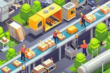 isometric illustration of factory workers preparing and packaging goods on a conveyor belt