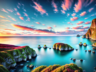 A beautiful sunset over a body of water with rock formations in the foreground.