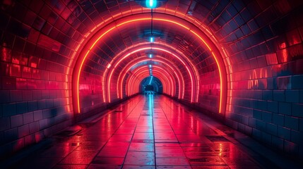 An underground tunnel illuminated with red and blue neon lights