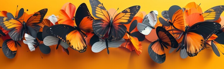 Vibrant butterflies on abstract orange background: seamless panorama of multicolored butterflies against a vivid orange backdrop, ideal for banner, posters and decorative designs