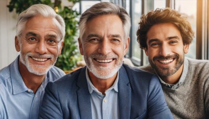 Three generations of men posing for a portrait picture. Grandfather, Father and Son posing as a family.