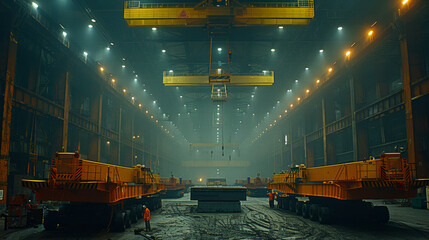 A large industrial building with a lot of machinery and workers - obrazy, fototapety, plakaty