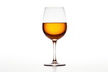 An isolated elegant glass filled with amber-colored wine on a pure white background, highlighting the drink's warm tones. Elegant Glass of Amber Wine on White - obrazy, fototapety, plakaty