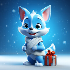 3D cartoon character of a blue fox Christmas mood сreated with Generative Ai
