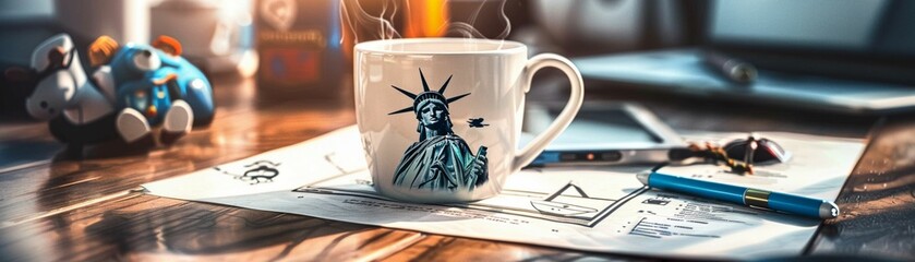 A coffee mug emblazoned with a faded image of the Statue of Liberty - obrazy, fototapety, plakaty