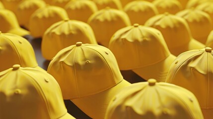 Fototapeta premium Row of stacked yellow baseball caps on white background in a sports store