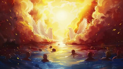 A surreal depiction of souls swimming in a river that flows from the sunlit heavens to the fiery depths of hell