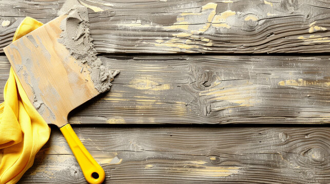 A yellow cloth is laying on a wooden surface with a paint brush and a trowel