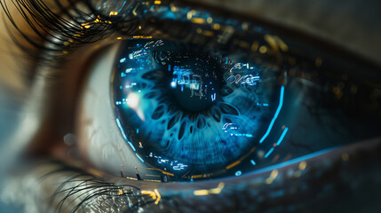 A close up of a person's eye with a blue iris and a reflection of the city lights in the eye - obrazy, fototapety, plakaty