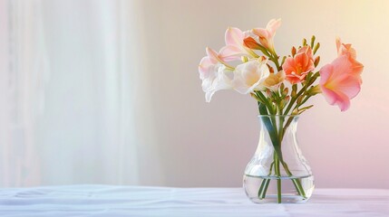 freesia in vase on background with copy space