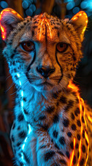 portrait of a cheetah with neon lighting 
