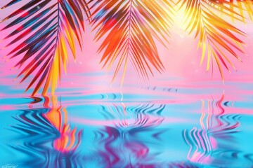 Fototapeta na wymiar tropical island with palm trees, shiny reflections in the blue water. Surreal neon paradise