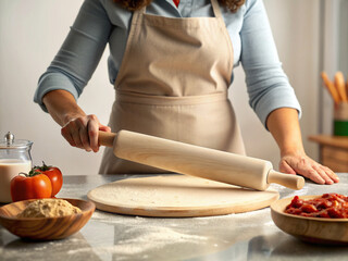 cook in the kitchen, knead dough and bake cookies preapares or bakes bread at kitchen table, has dirty uniform, Female Hands Rolling Dough into Rolls, Baking Process Making Croissant.