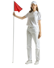 Woman in White Golf Attire Holding Red Flag on Golf Course Representing Golfing Etiquette and Assistance.