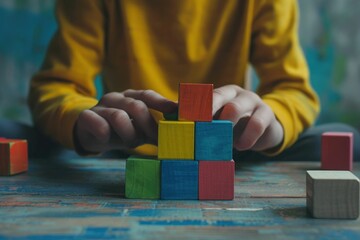 Child playing with colorful wooden blocks on table with background of more colorful blocks
