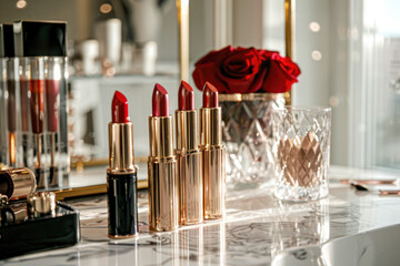 Elegant array of lipsticks on a vanity, with a crystal glass and a red rose adding a touch of luxury