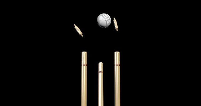 White Cricket Ball Bowled Stump Out Bails Impact 3D Animation in ALPHA Channel or Transparent Video