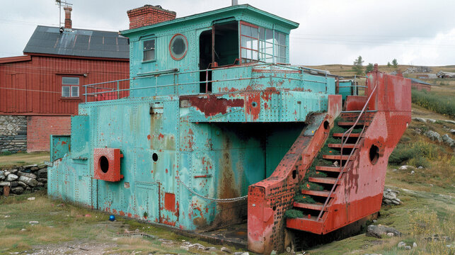 A rusted old boat with a green top and red steps