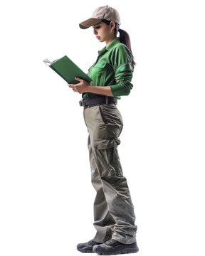 Woman Golf Caddie Analyzing Course Strategy with Clipboard, Emphasizing the Concept of Focus and Expertise in Golf.