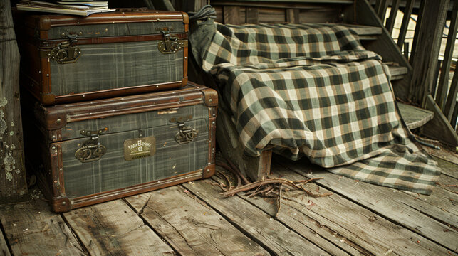 Two wooden chests with a plaid blanket on top of them